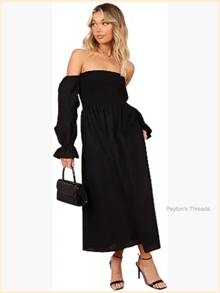 Off Shoulder Long Sleeve Shirred Midi Dress With Pockets